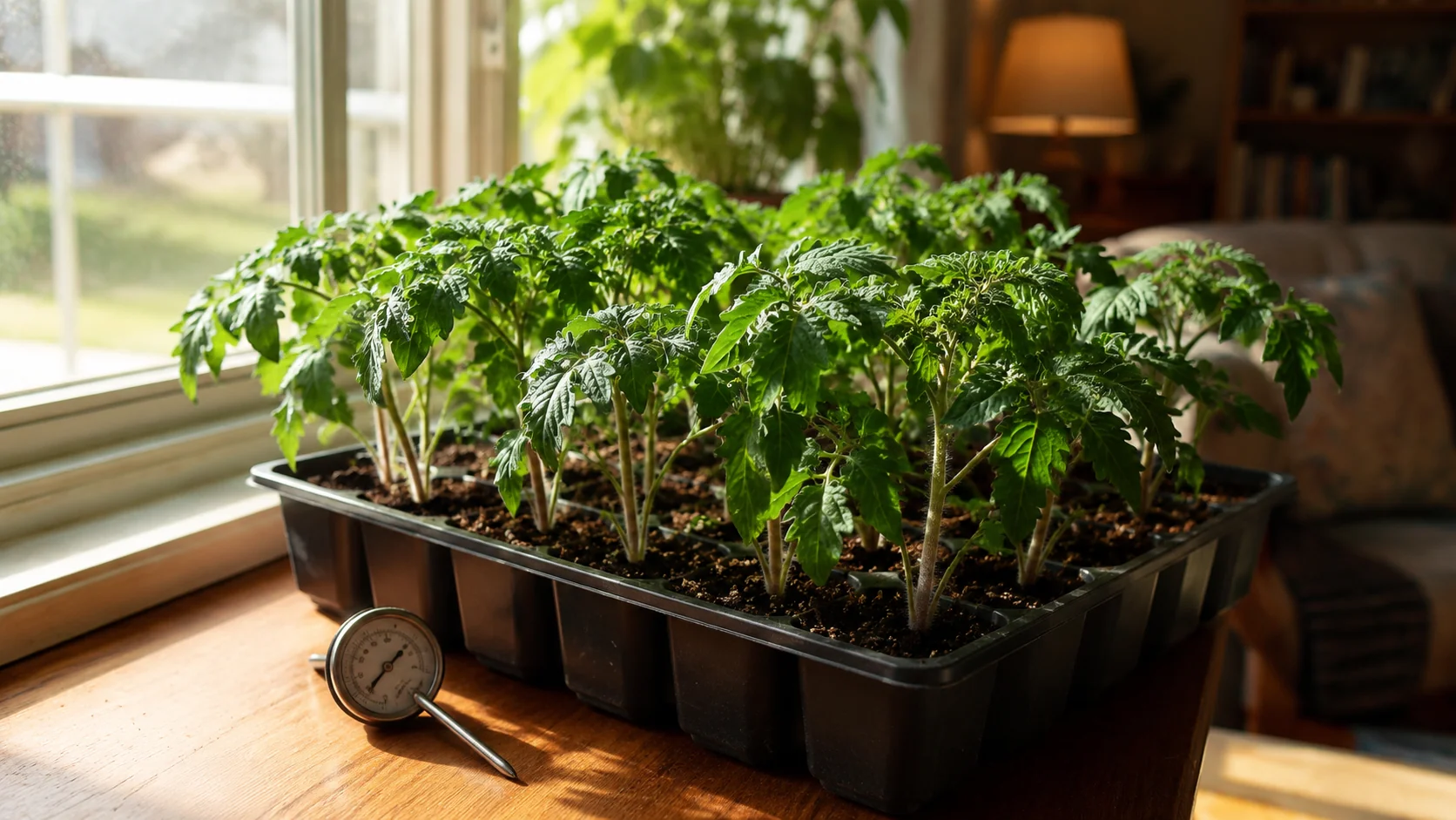 Plantines jóvenes y compactos de tomate en una bandeja de semillas en un alféizar soleado, hojas verde oscuro, un termómetro de suelo apoyado junto a la bandeja