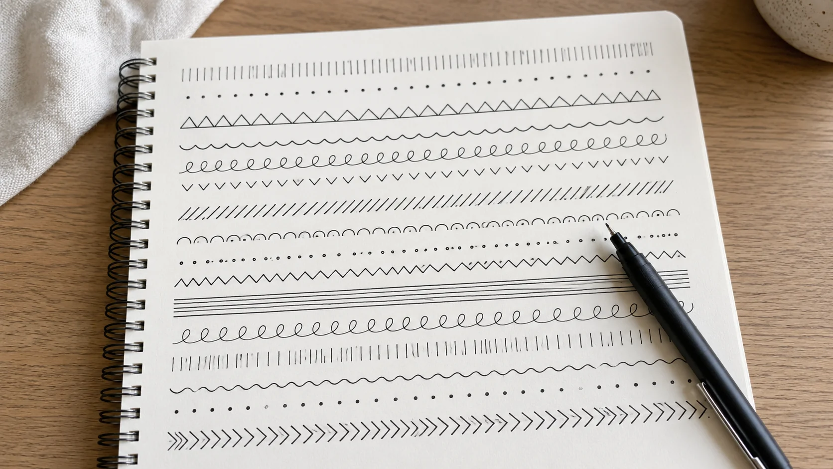 Uma página de caderno preenchida com fileiras de padrões simples à mão em tinta, listras, pontos, ondas, zigue-zagues e laçadas, em caneta fineliner preta com a caneta apoiada na página
