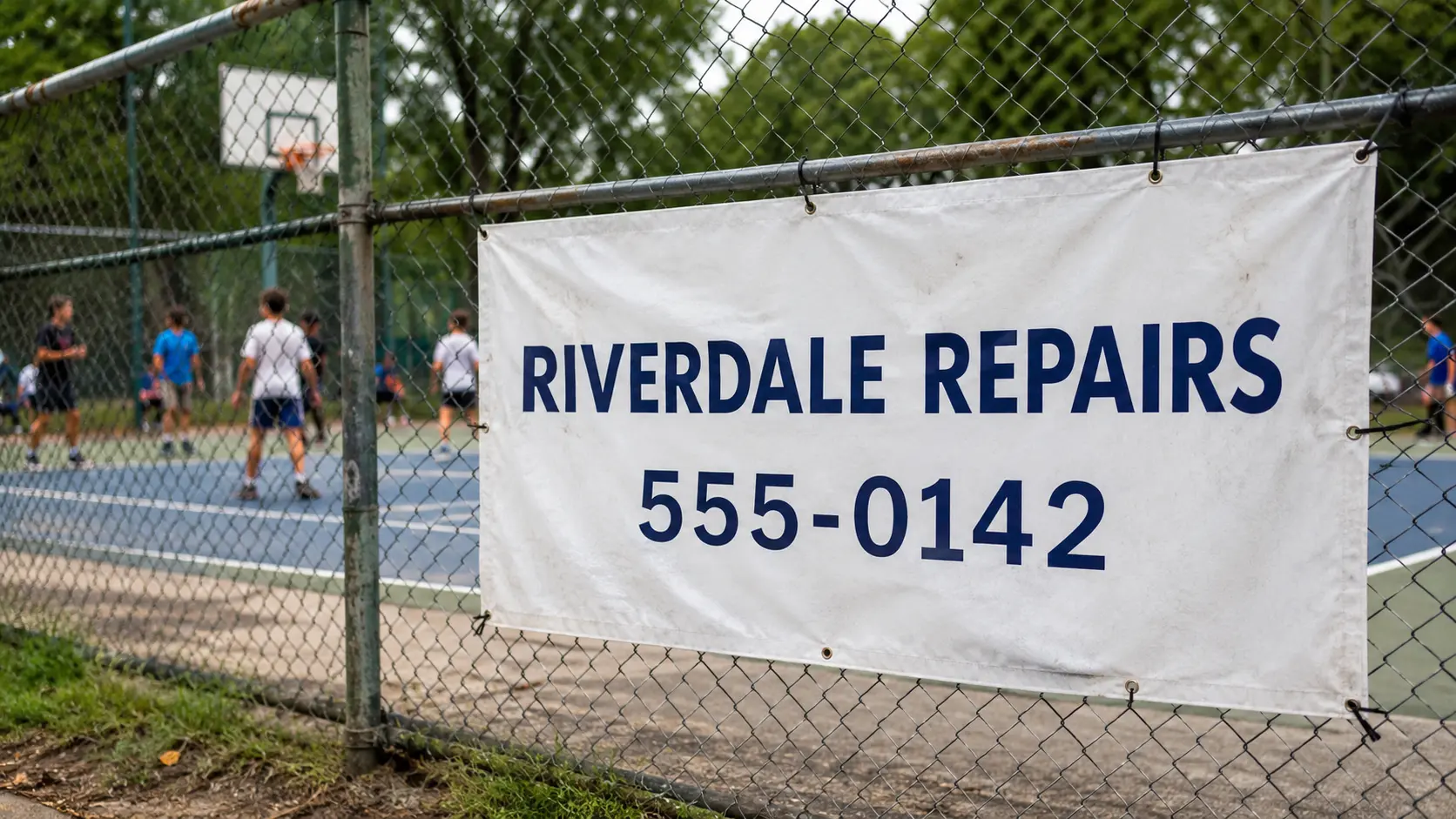 Local business sponsor banner fixed to the fence of an amateur sports court during a session