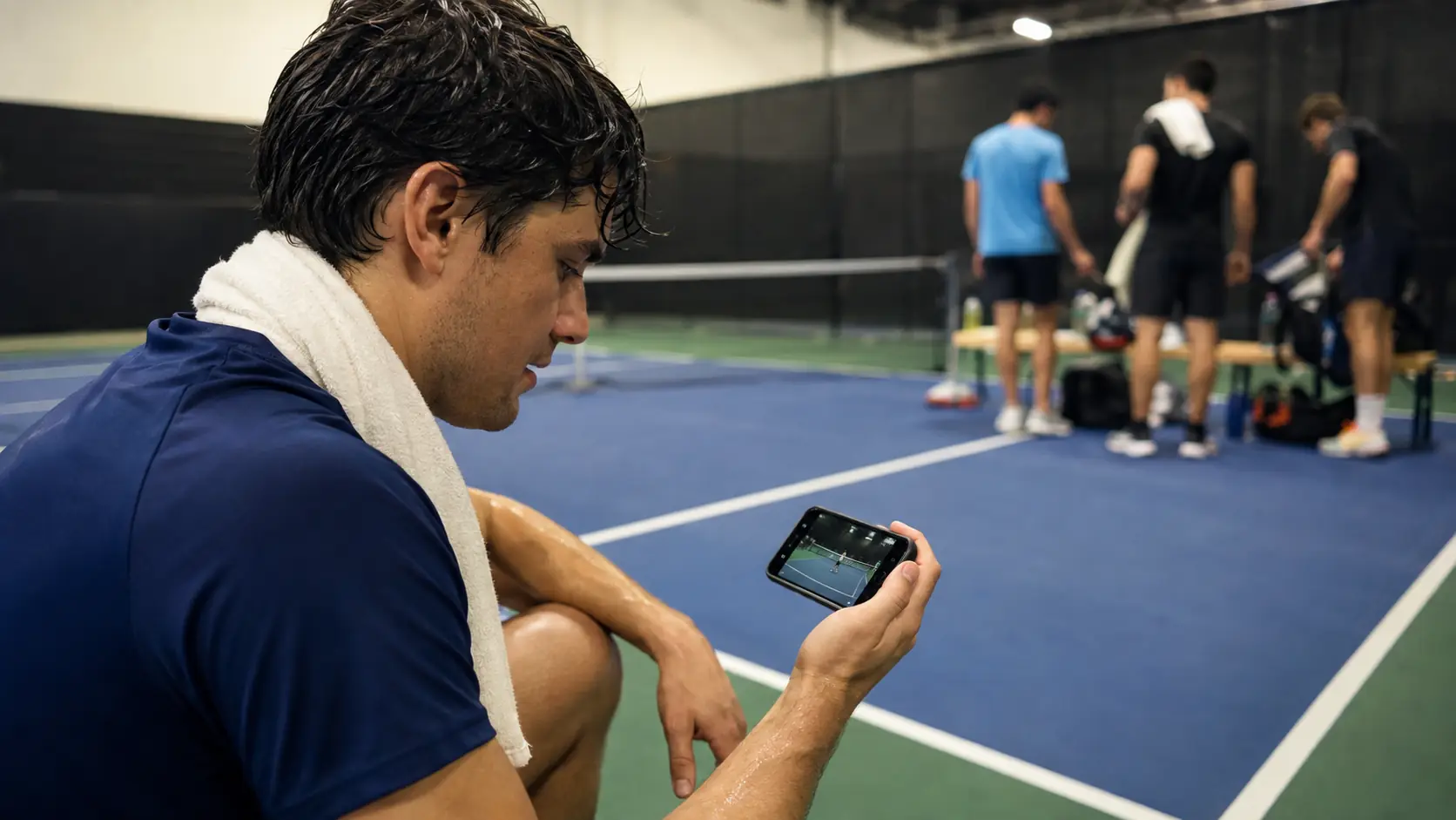 Player sitting courtside just after a match, going through video on a phone