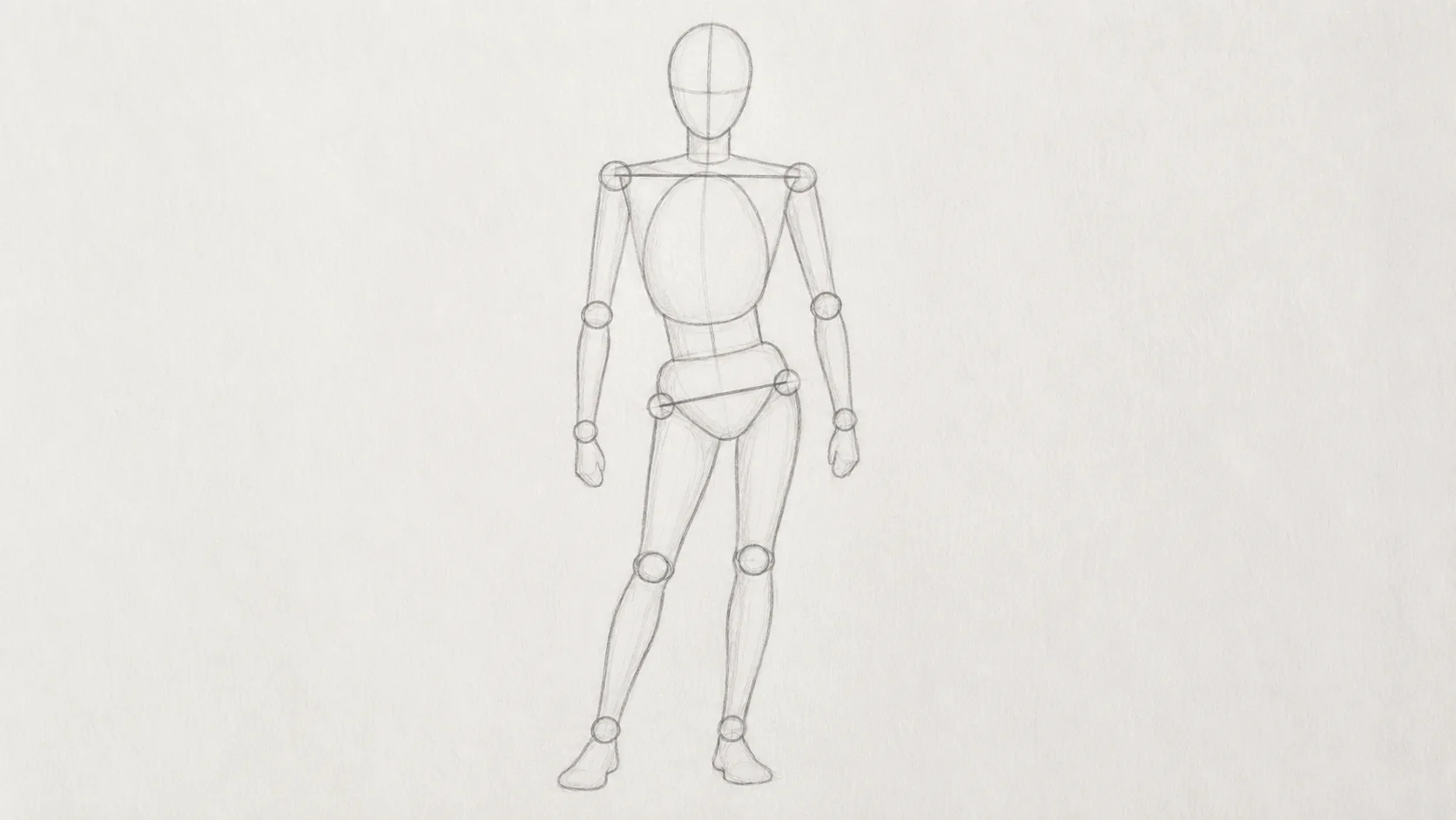 Uma figura simples a lápis construída com ovais e tubos, mostrando as referências marcadas no quadril, joelhos, cotovelos e pulsos sobre uma guia vertical segmentada