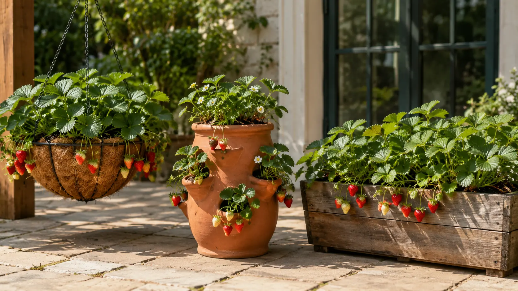 Plantas de fresa creciendo en tres estilos de contenedor lado a lado en un patio soleado: cesta colgante con fruta cayendo por el borde, maceta de barro con bolsillos y una jardinera ancha