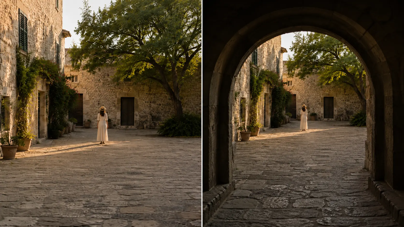 The same courtyard scene photographed twice, once as an open view and once through a stone archway that surrounds the subject and adds a dark foreground border