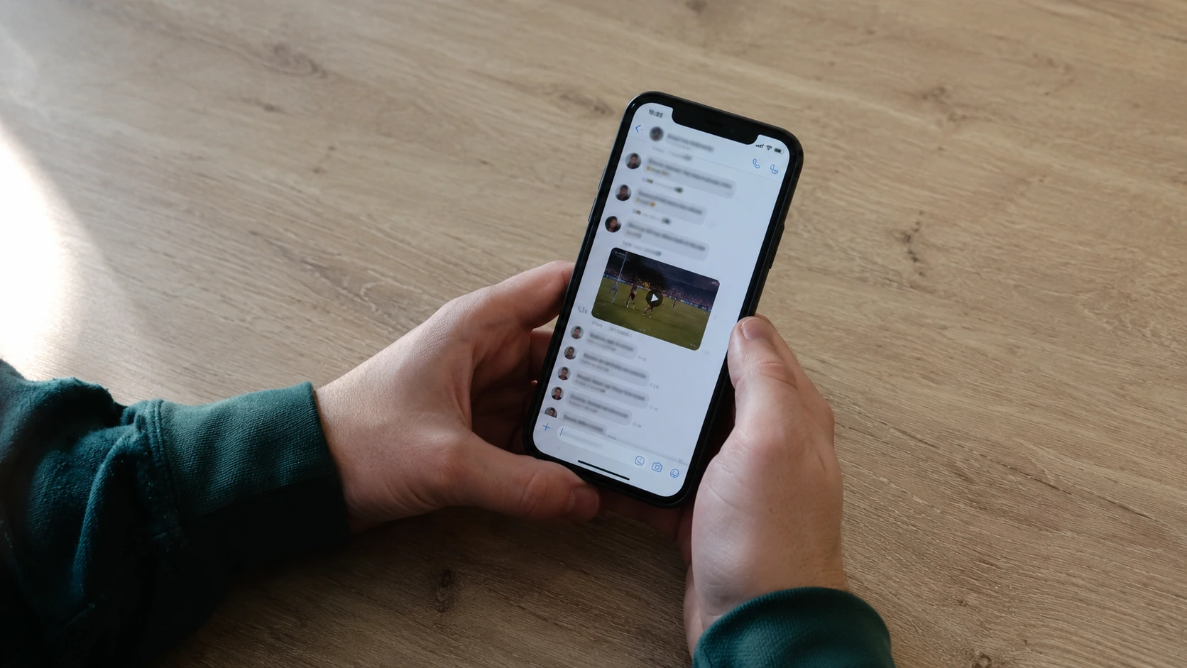 Grupo del equipo en la pantalla del celular mostrando un clip del partido compartido con respuestas de los compañeros debajo