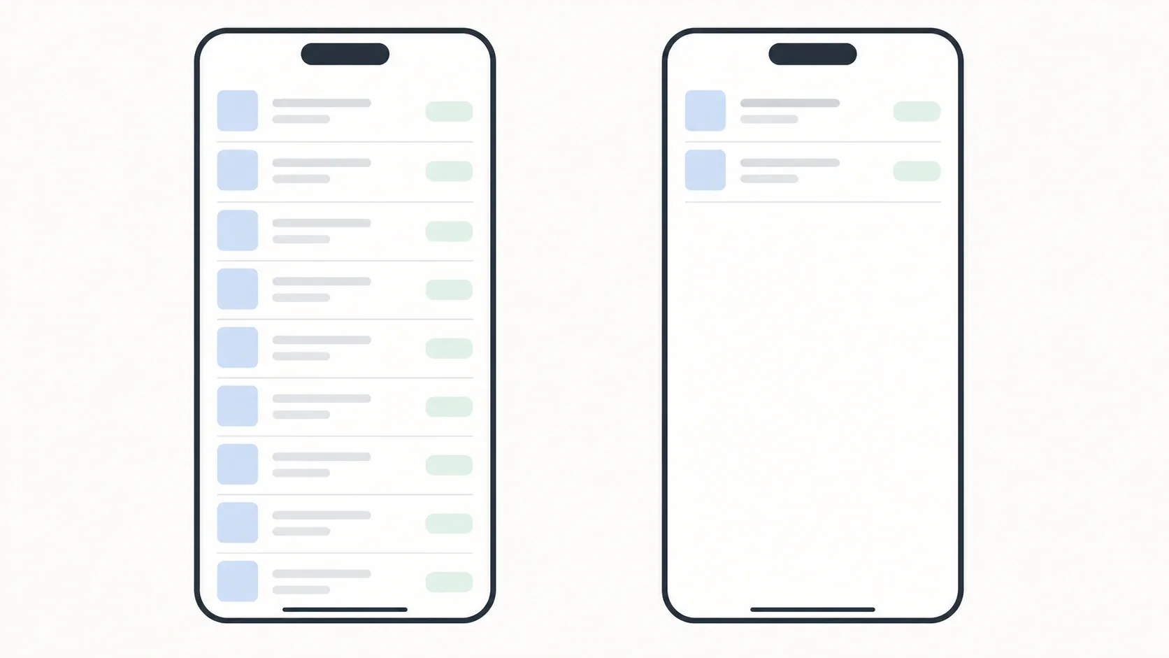 Duas telas de celular mostrando a lista de ofertas da mesma plataforma em países diferentes, uma cheia de ofertas e outra quase vazia