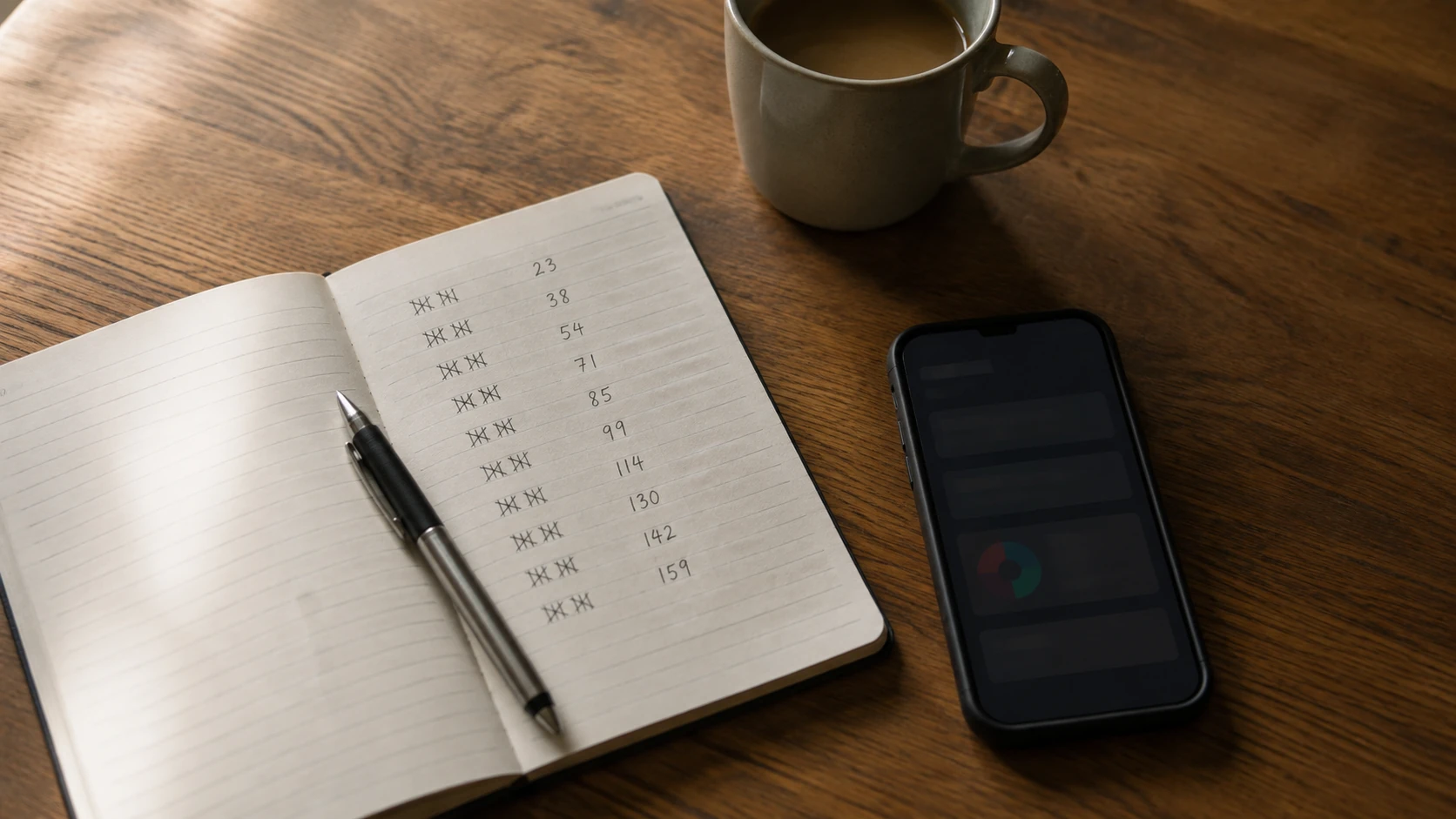 Caderno ao lado de um celular com minutos e valores anotados à mão somando uma sessão em um app de recompensas