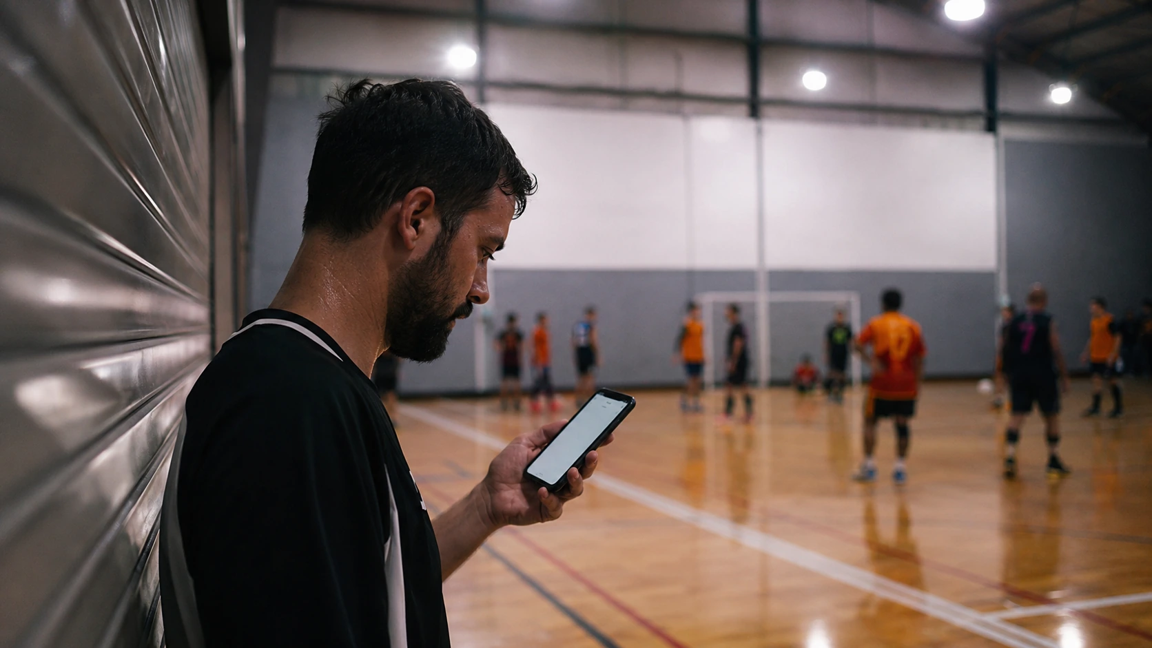 Player looking at a phone with no clip saved while a game continues in the background on an amateur court