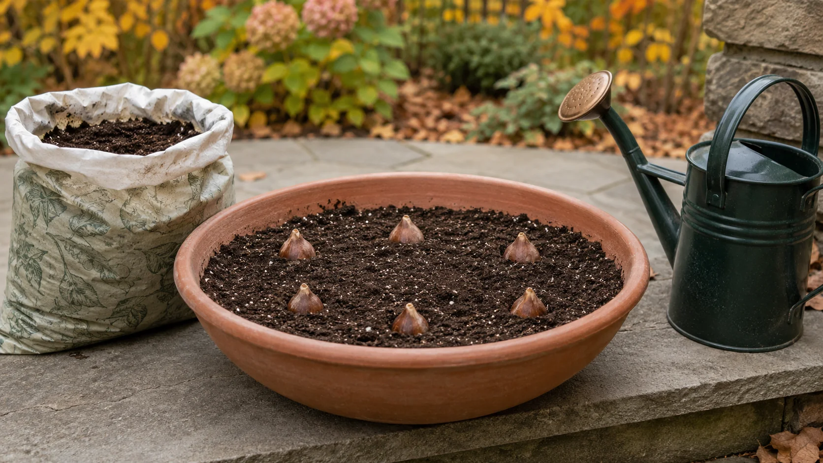 Seis bulbos de tulipa dispostos em pé e bem espaçados em um vaso largo de terracota parcialmente cheio de substrato escuro, regador ao lado do vaso, imagem ilustrativa
