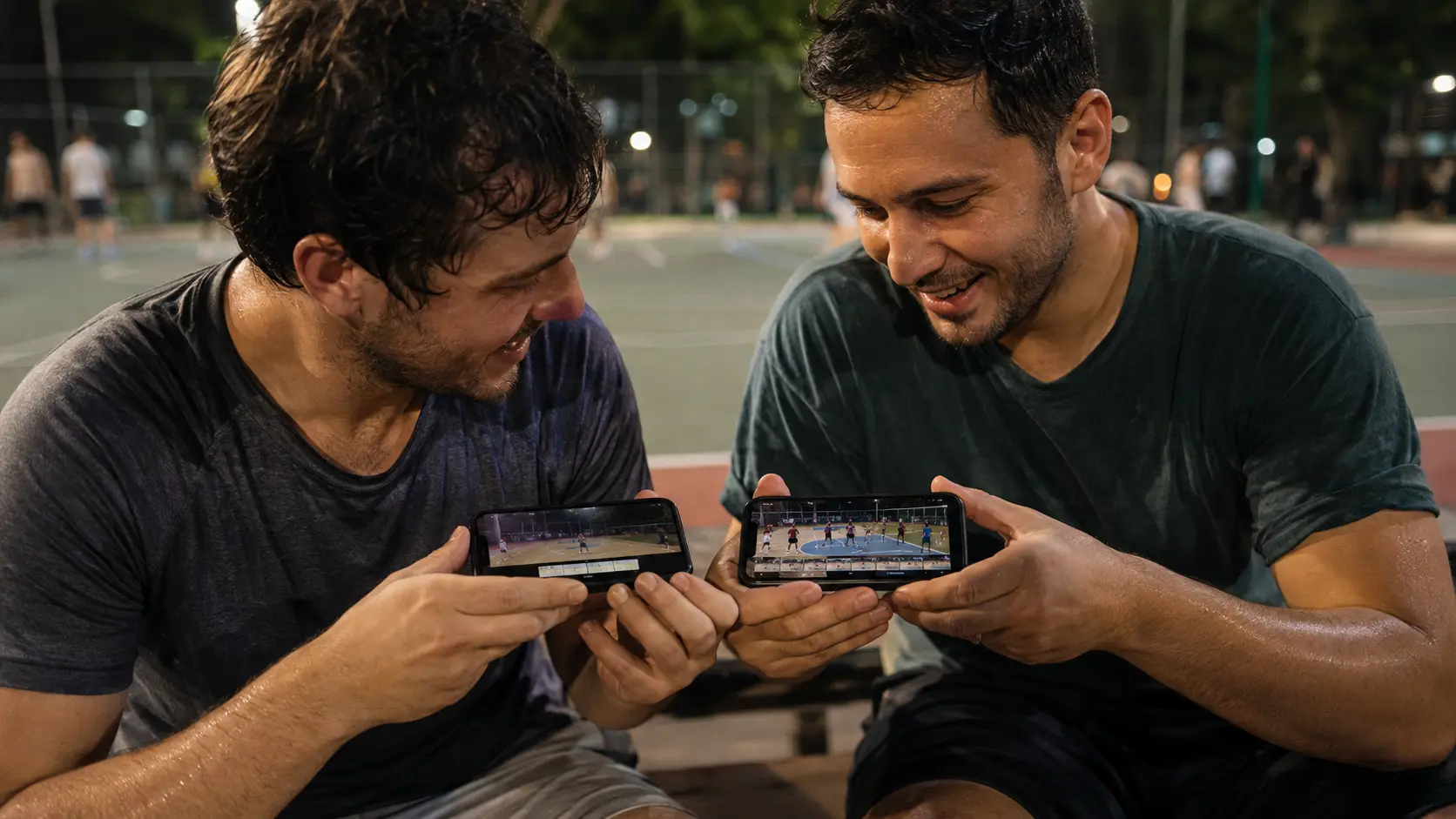 Dos jugadores en el banco comparando los videos que grabaron en sus propios celulares