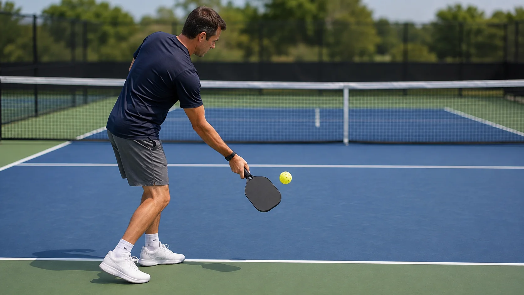 A player serving a pickleball underhand from behind the baseline, paddle below wrist level and the ball at waist height, with the opposite service court visible beyond the net