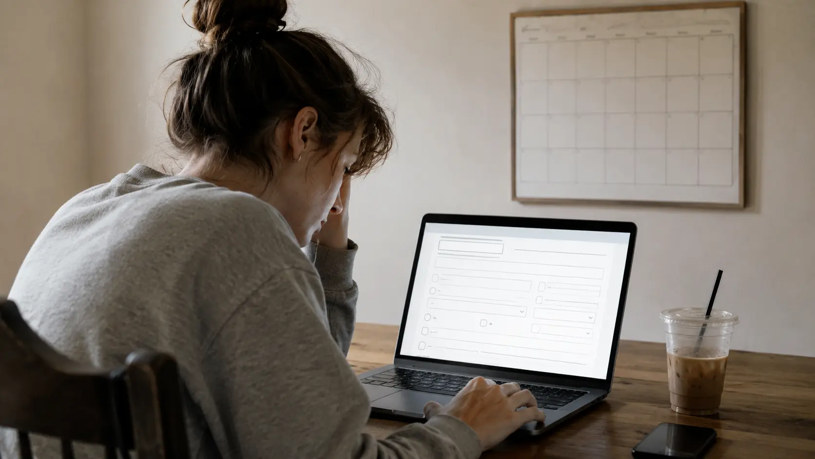 Pessoa preenchendo um formulário longo no notebook com um calendário e uma xícara de café ao lado
