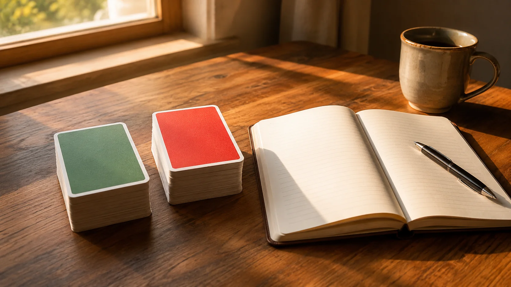 Cartões de quiz com as palavras verdadeiro e falso empilhados sobre uma mesa de madeira ao lado de um caderno de placar e uma caneca, luz quente de fim de tarde