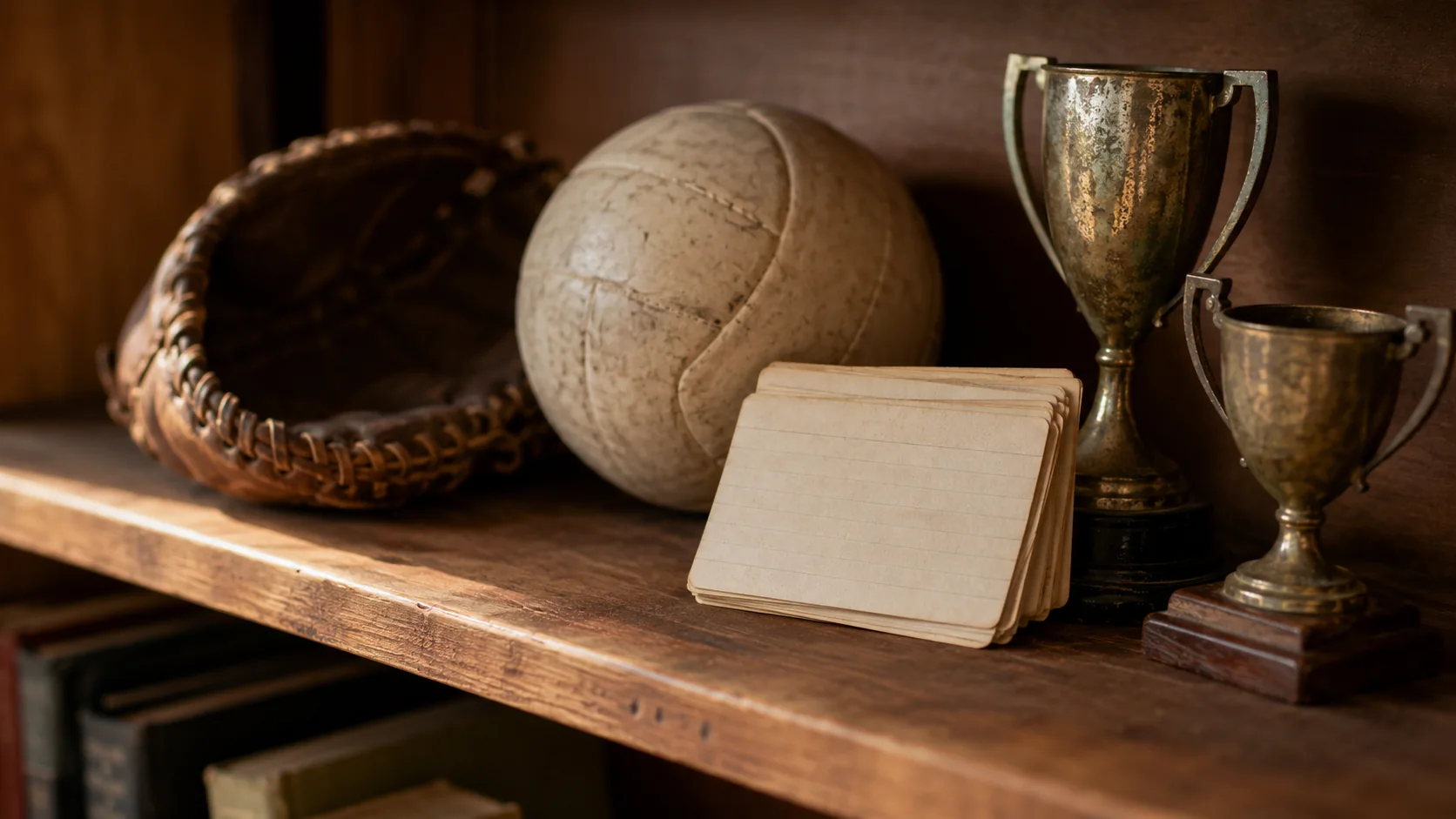 Uma estante de madeira com equipamentos esportivos antigos, uma luva de beisebol de couro, uma bola de vôlei gasta, pequenos troféus e cartões de quiz escritos à mão encostados neles, luz quente e aconchegante
