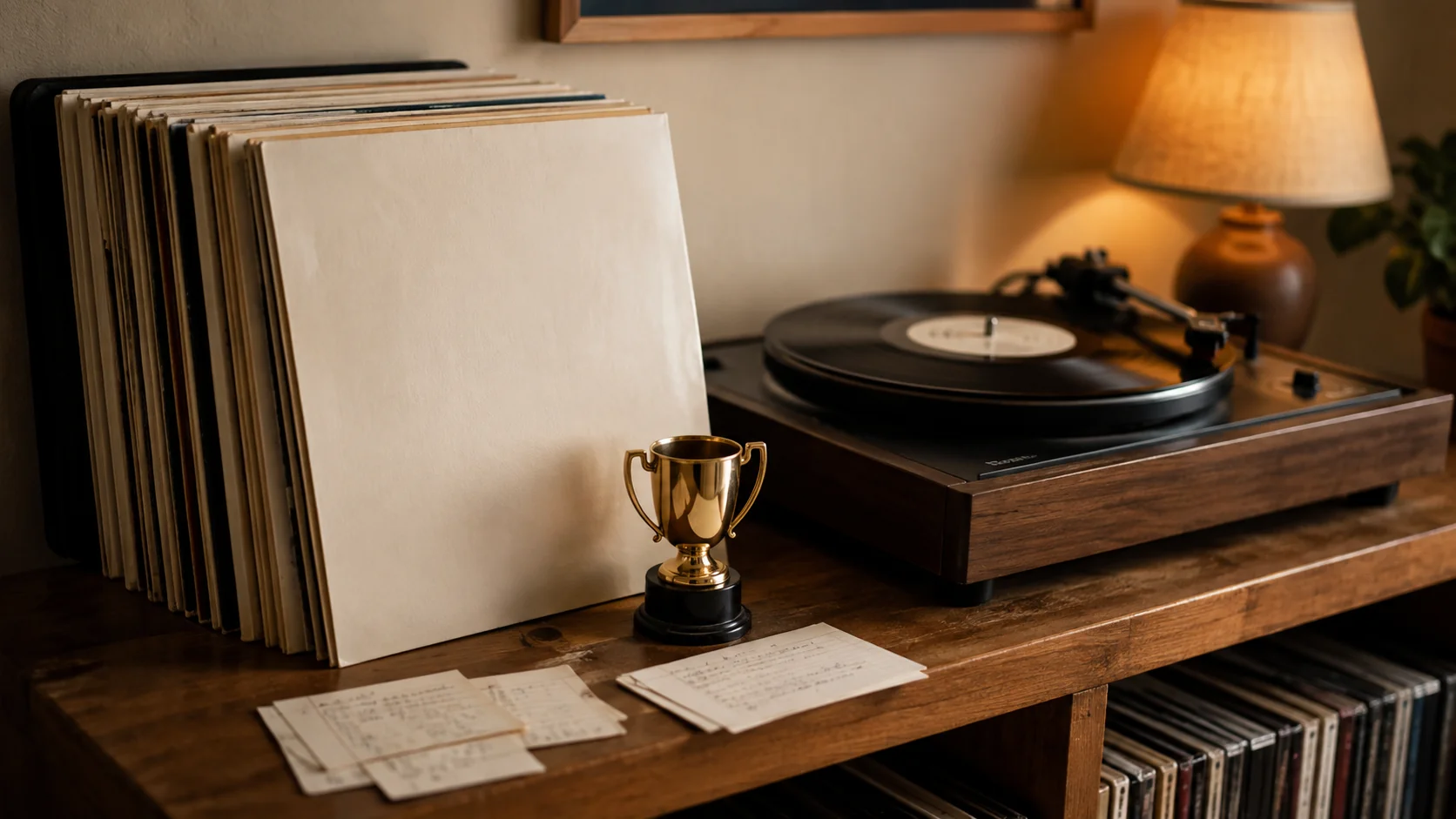 Uma pilha de discos de vinil e um toca-discos numa estante de madeira ao lado de um pequeno troféu dourado e cartões de quiz escritos à mão, luz quente e aconchegante