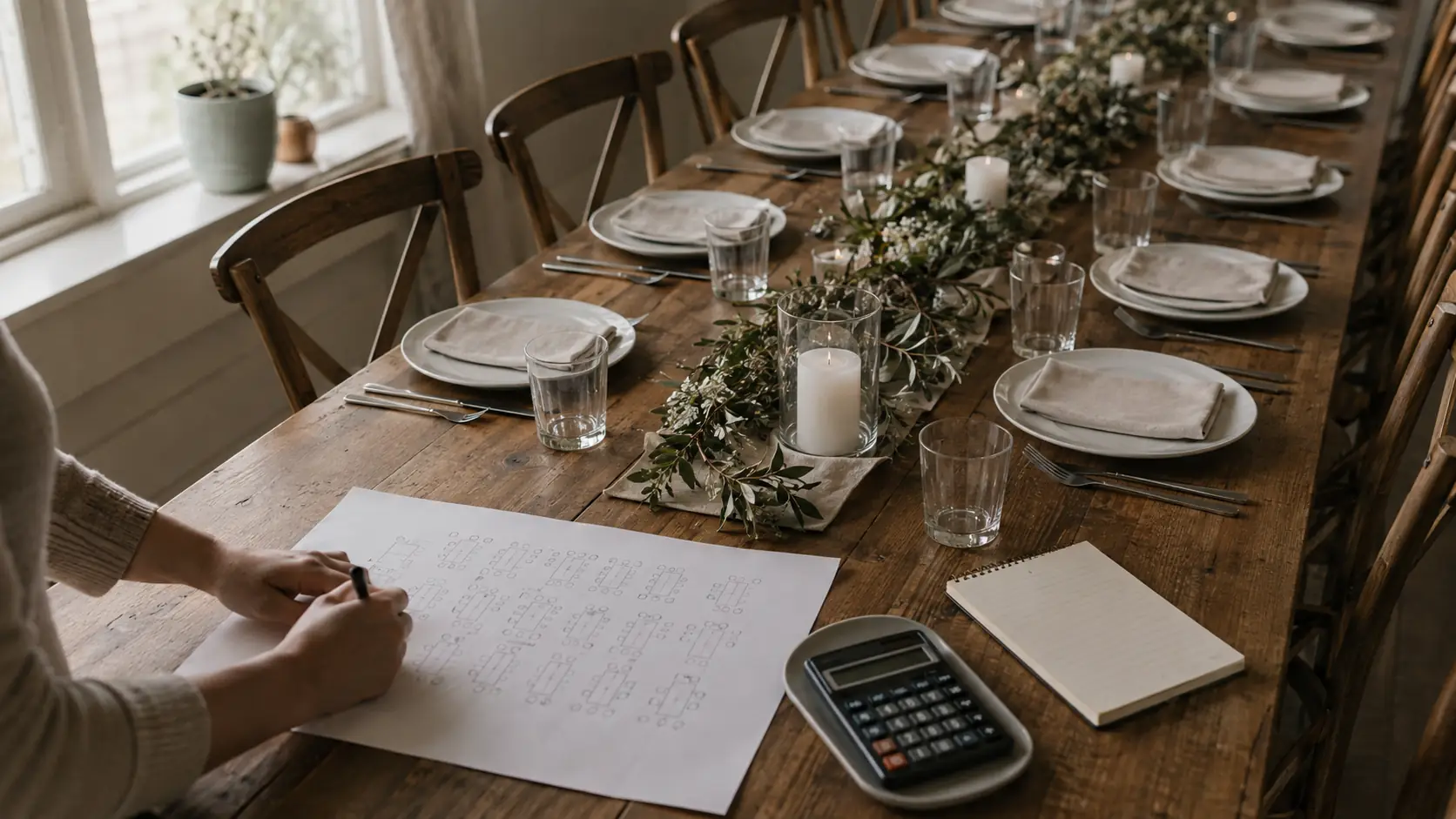 Diagrama que muestra el número de invitados como entrada que escala catering, alquiler, papelería y capacidad del lugar en un presupuesto de boda