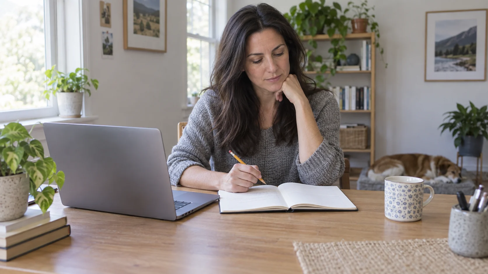 Woman holding a pencil over an open notebook beside a laptop