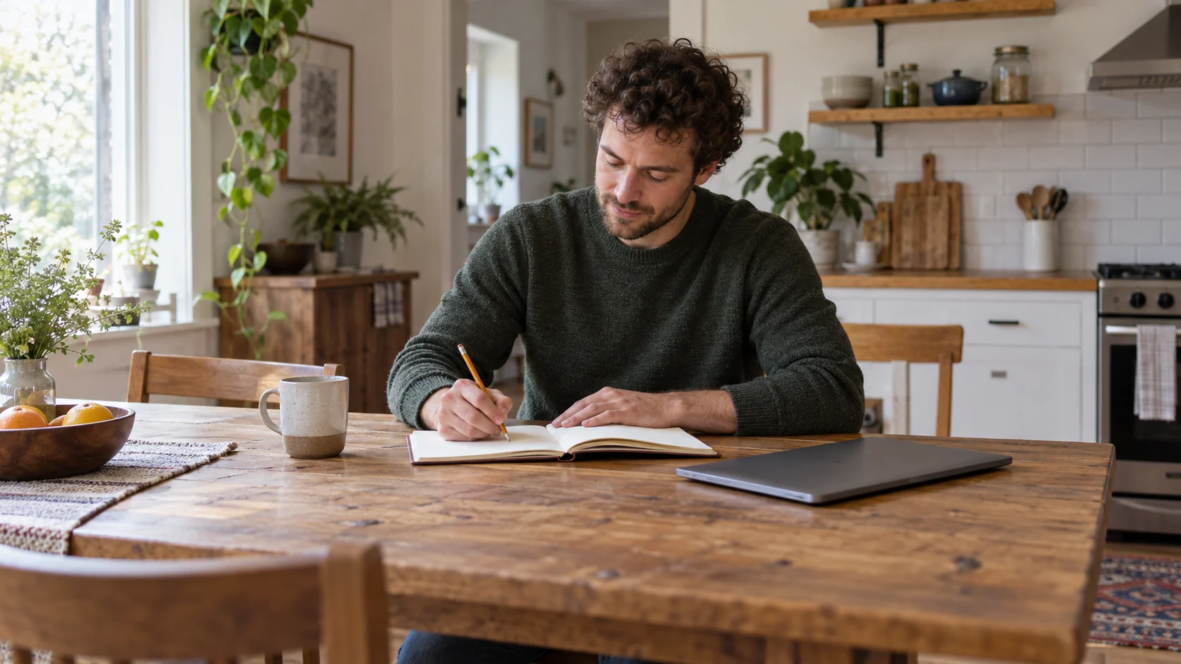 Man writing in an open notebook beside a closed laptop on a kitchen table