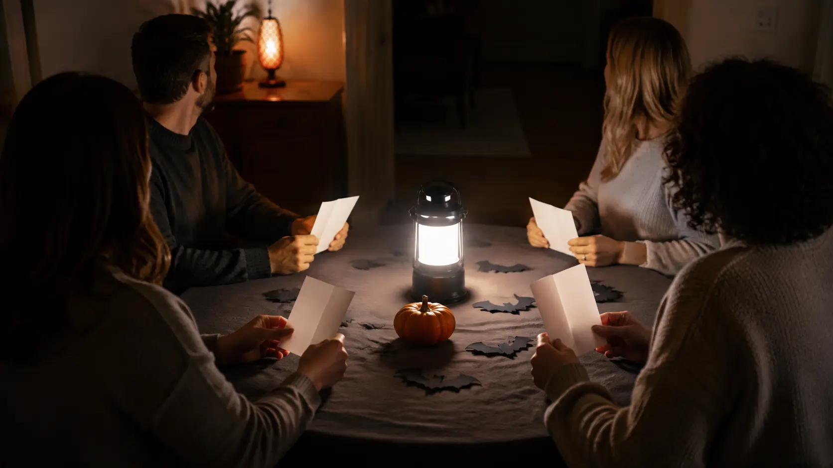 Adultos sentados em volta de uma mesa de jantar iluminada por uma única lanterna de pilha, cada um segurando um cartão de papel dobrado, com morcegos de papel e uma abóbora pequena na mesa e os rostos virados para longe da câmera