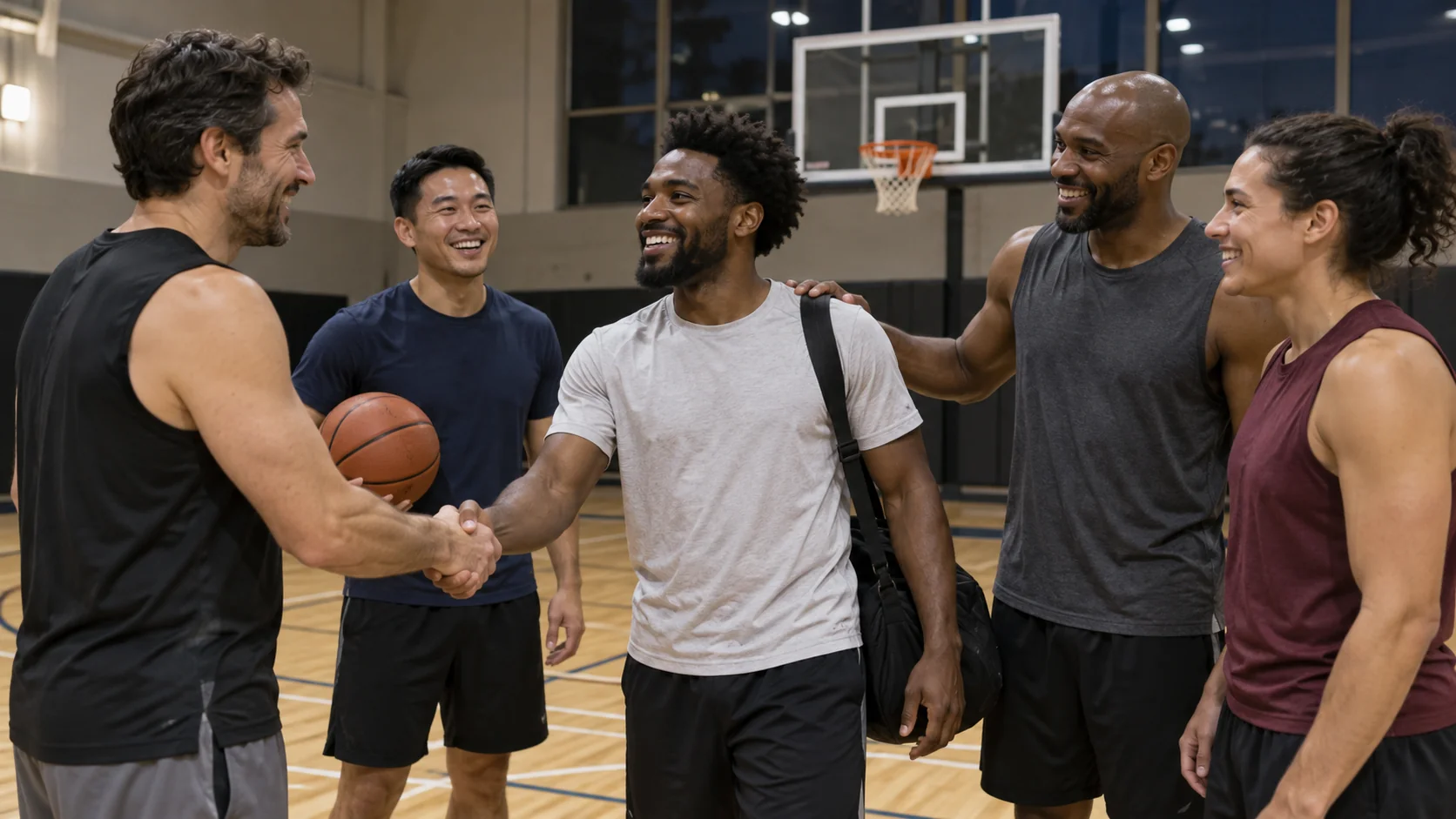 Amateur basketball regulars greeting a new player with handshakes and smiles on an indoor court before their weekly game