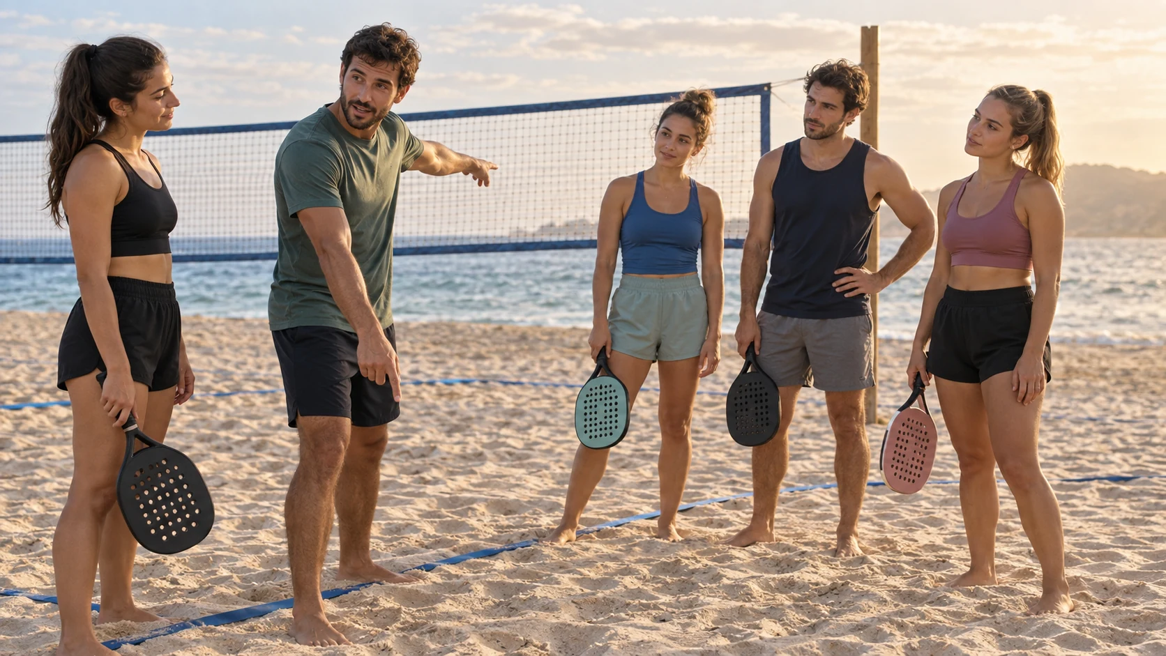 Cuatro jugadores de beach tennis escuchando a otro jugador que señala las líneas de la cancha en la arena, todos con el rostro visible