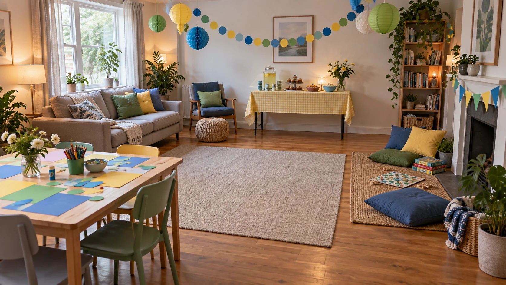 Sala de aniversário com áreas de arte, jogos e comida e circulação livre