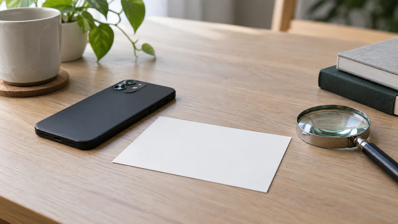 A blank comment card beside a face-down phone and a small magnifying glass on a neutral desk