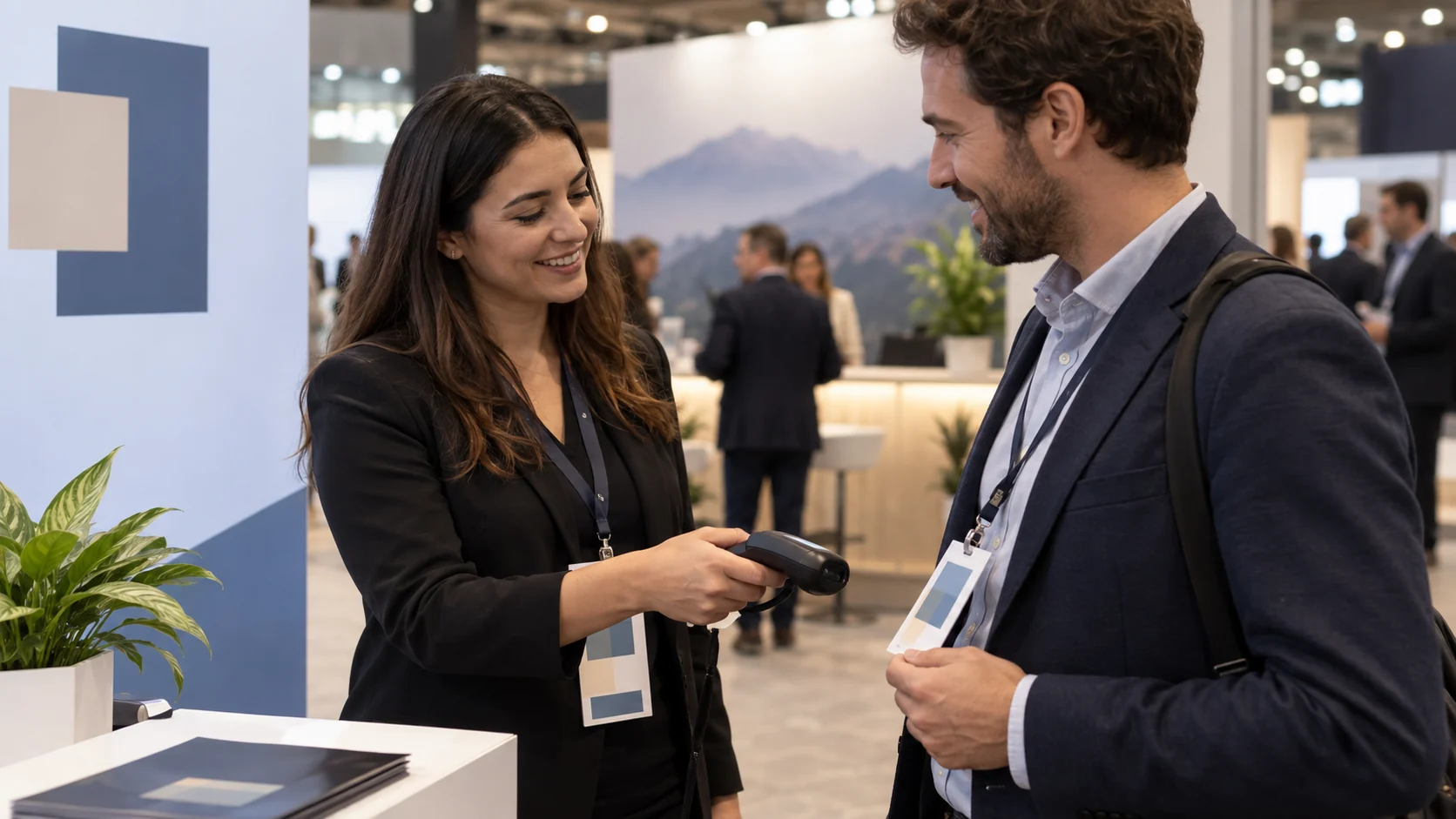 Booth staff using an event-provided reader near a visitor badge