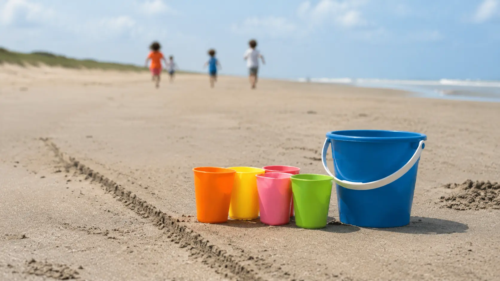 Un cubo de plástico y unos vasos de plástico sobre arena llana junto a una línea trazada con un palo, con niños a lo lejos corriendo por la playa al fondo