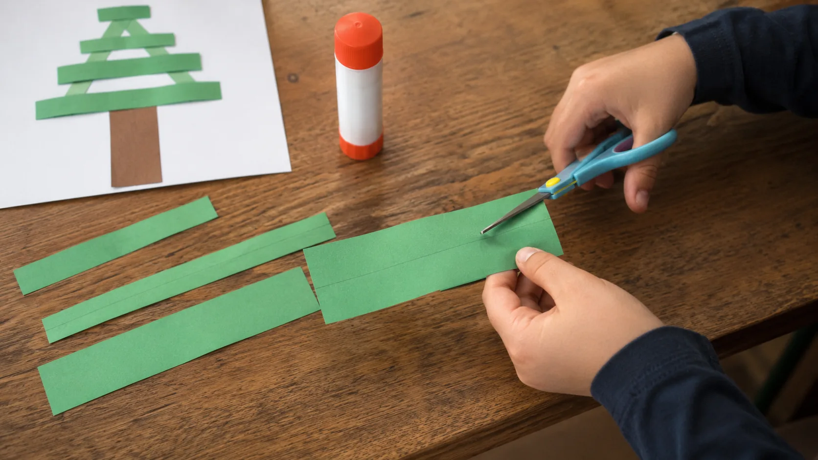 A child's hands using rounded-tip scissors to cut a straight strip from green paper at a low table, with cut strips of different lengths and a glue stick arranged beside a sheet of card