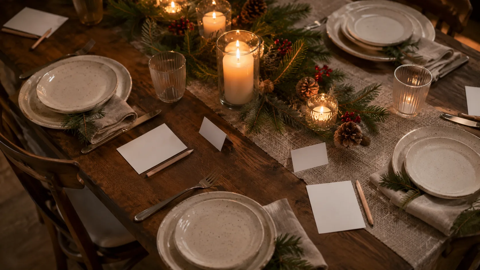 Mesa de cena de Navidad con tarjetas en blanco y lápices entre los platos, luz cálida de vela y ningún rostro visible