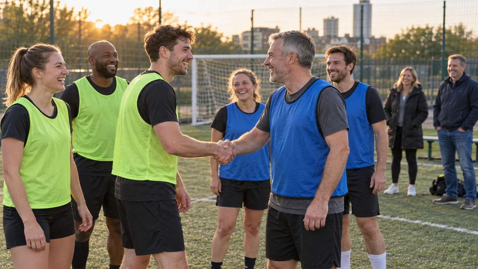 Colegas de trabalho de idades variadas, com roupa esportiva simples, rindo e se cumprimentando depois de um racha amistoso da empresa num campo de society ao ar livre no fim da tarde
