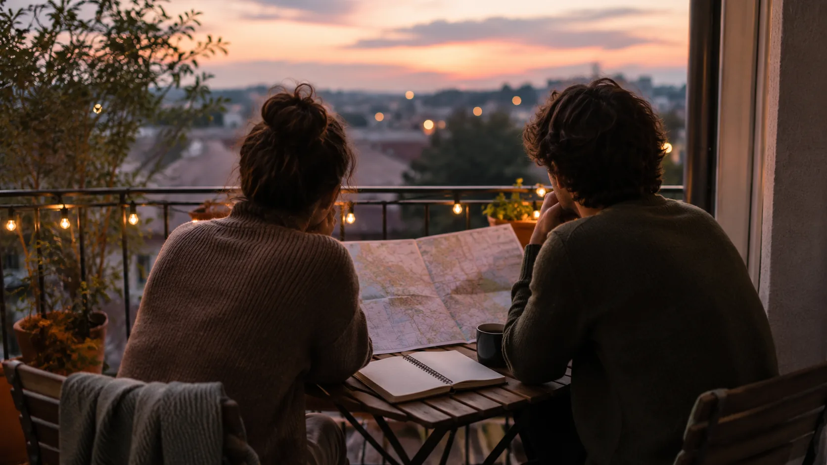 Dos personas en un balcón pequeño al atardecer, vistas de espaldas, con un mapa de papel abierto y un cuaderno sobre la mesa entre ellas