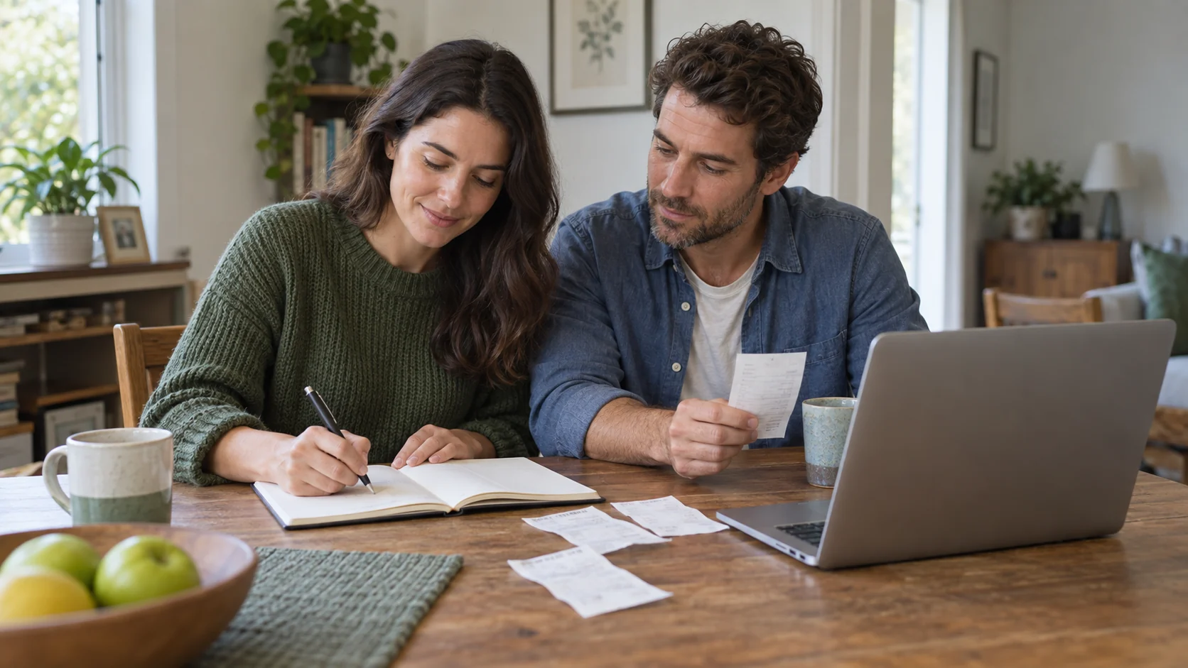 Couple reviewing receipts and writing shopping notes beside a laptop.
