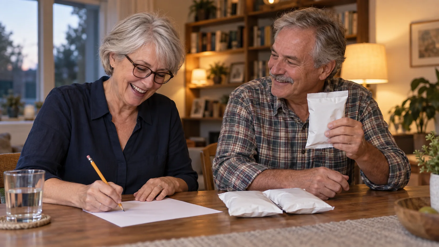 Two adults smiling at a table, one holding a plain packet while the other writes on paper