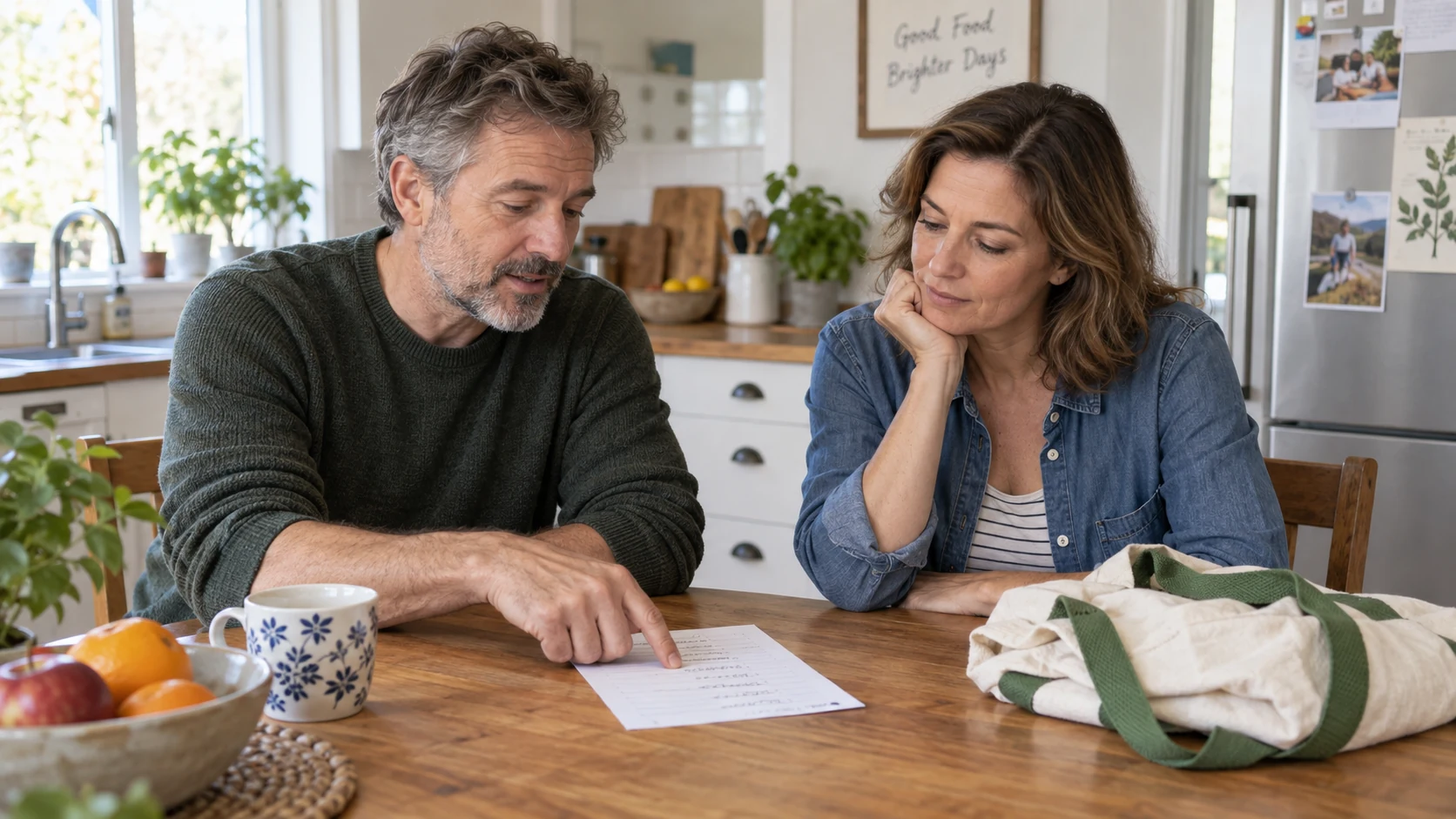 Two adults discussing a paper shopping list at a kitchen table