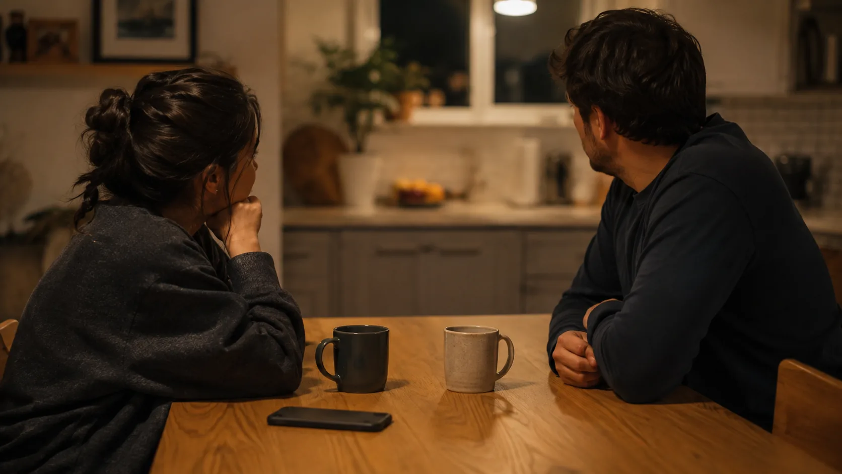 Dos personas sentadas a la mesa de la cocina por la noche, vistas de lado, con dos tazas entre ellas y un teléfono boca abajo sobre la mesa