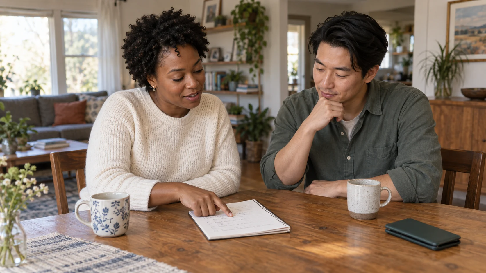 Two adults reviewing a handwritten checklist beside a closed phone