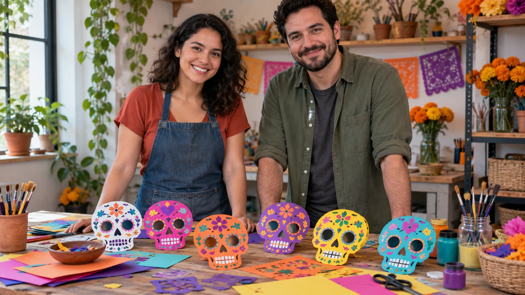 Caveiras de papel decoradas em cores vivas sobre uma mesa de oficina, com pessoas atrás voltadas para a frente