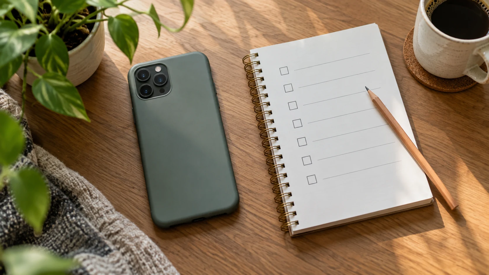 A face-down smartphone beside a plain notebook with unlabeled checkboxes and a pencil in soft window light