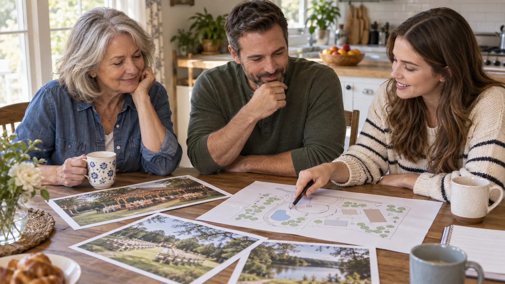 Tres adultos de distintas generaciones comparando notas y un mapa impreso en la mesa de la cocina