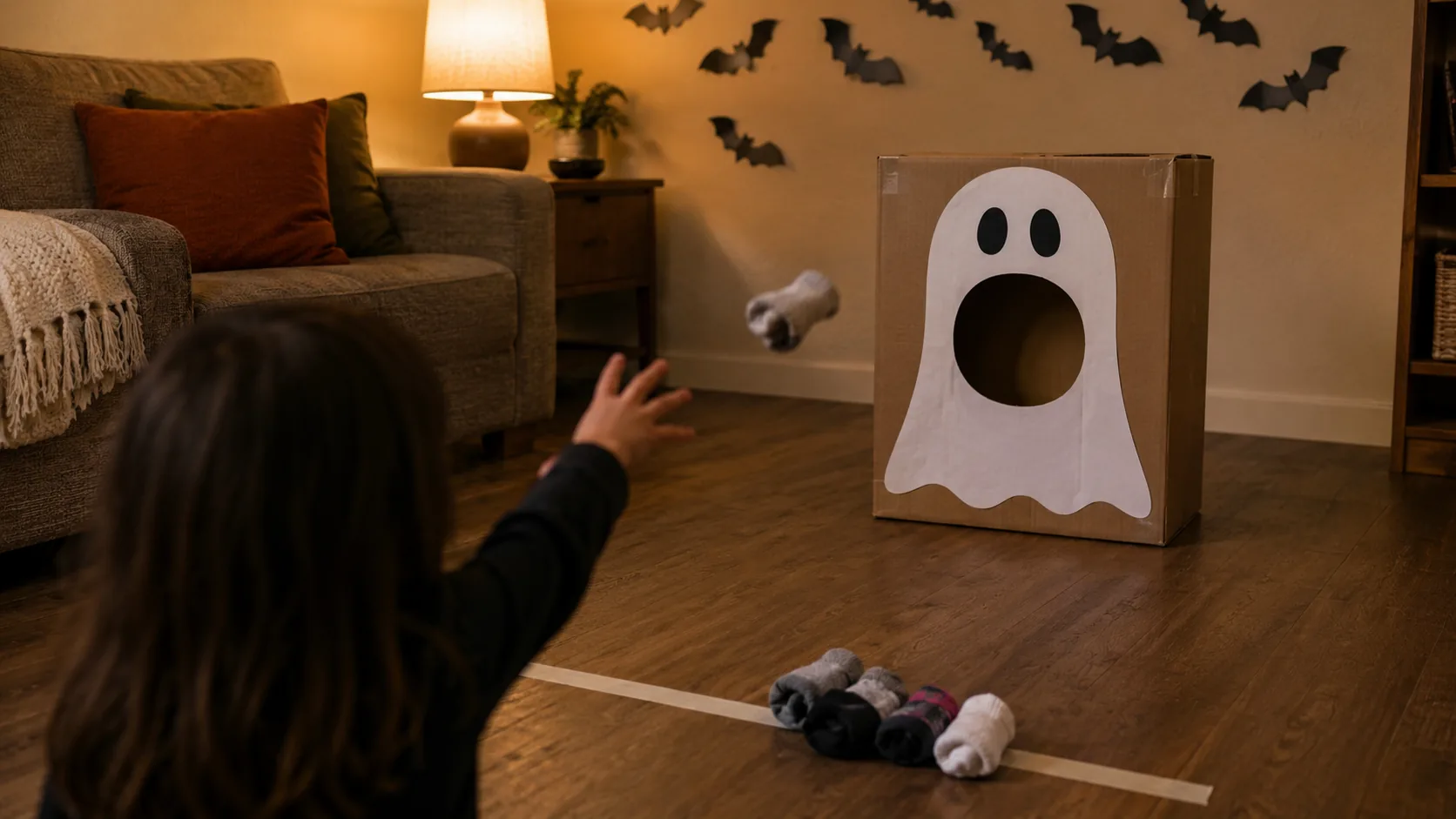 Uma caixa de papelão com um fantasma grande de papel colado na frente e uma boca larga recortada, uma linha de fita no chão e meias enroladas prontas para arremessar, numa sala decorada com morcegos de papel