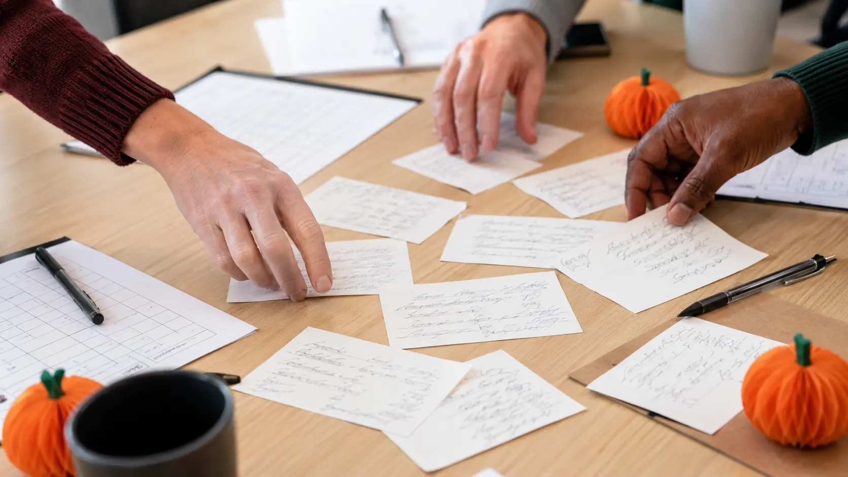 Mesa clara de sala de reuniones con tarjetas de evidencia ficticias escritas a mano, hojas de puntaje en blanco, lapiceros y pequeñas calabazas de papel, con solo las manos de los participantes a la vista