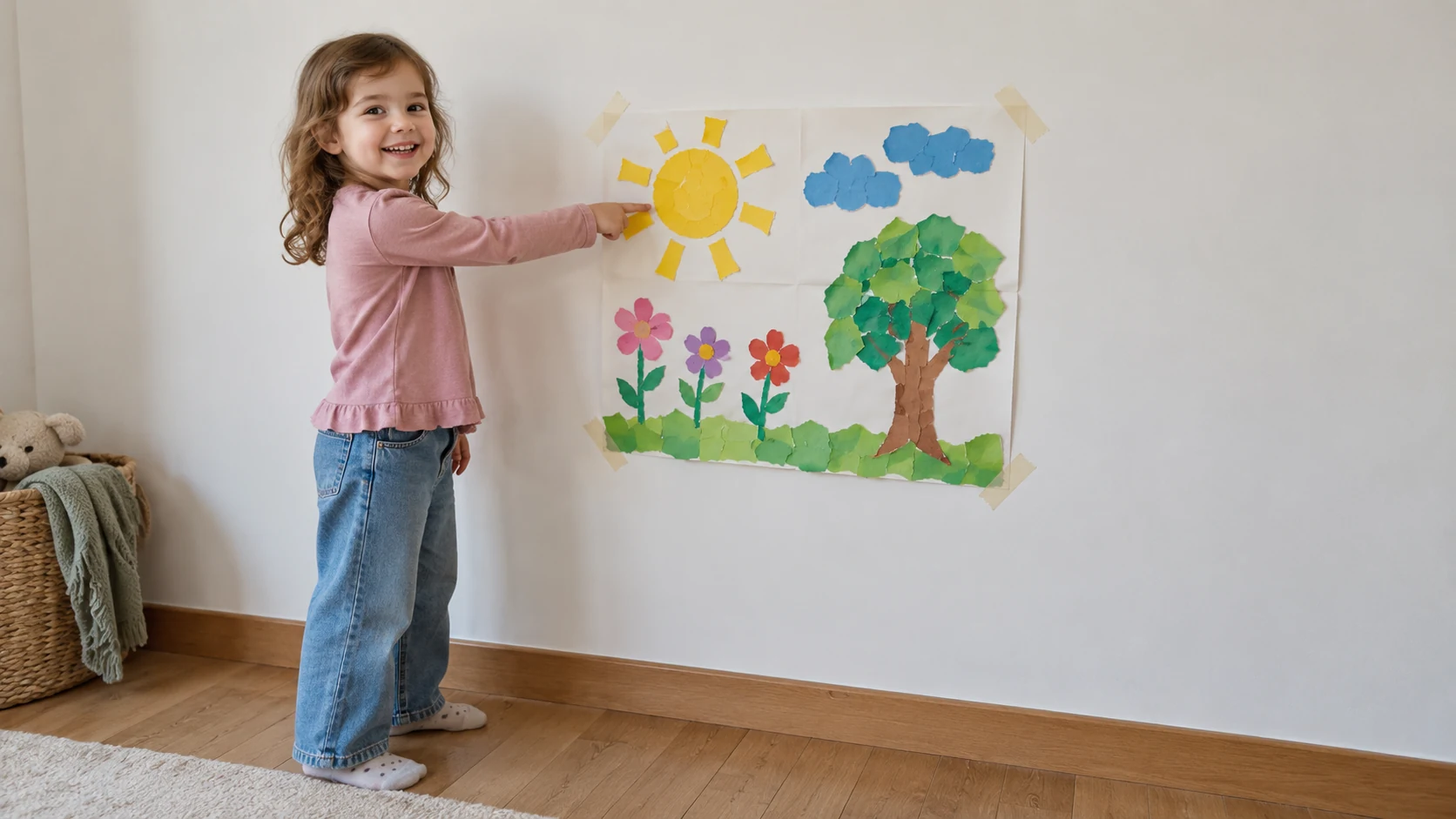 Trabajo de papel terminado pegado en la pared con un niño de pie enfrente señalando una parte del dibujo