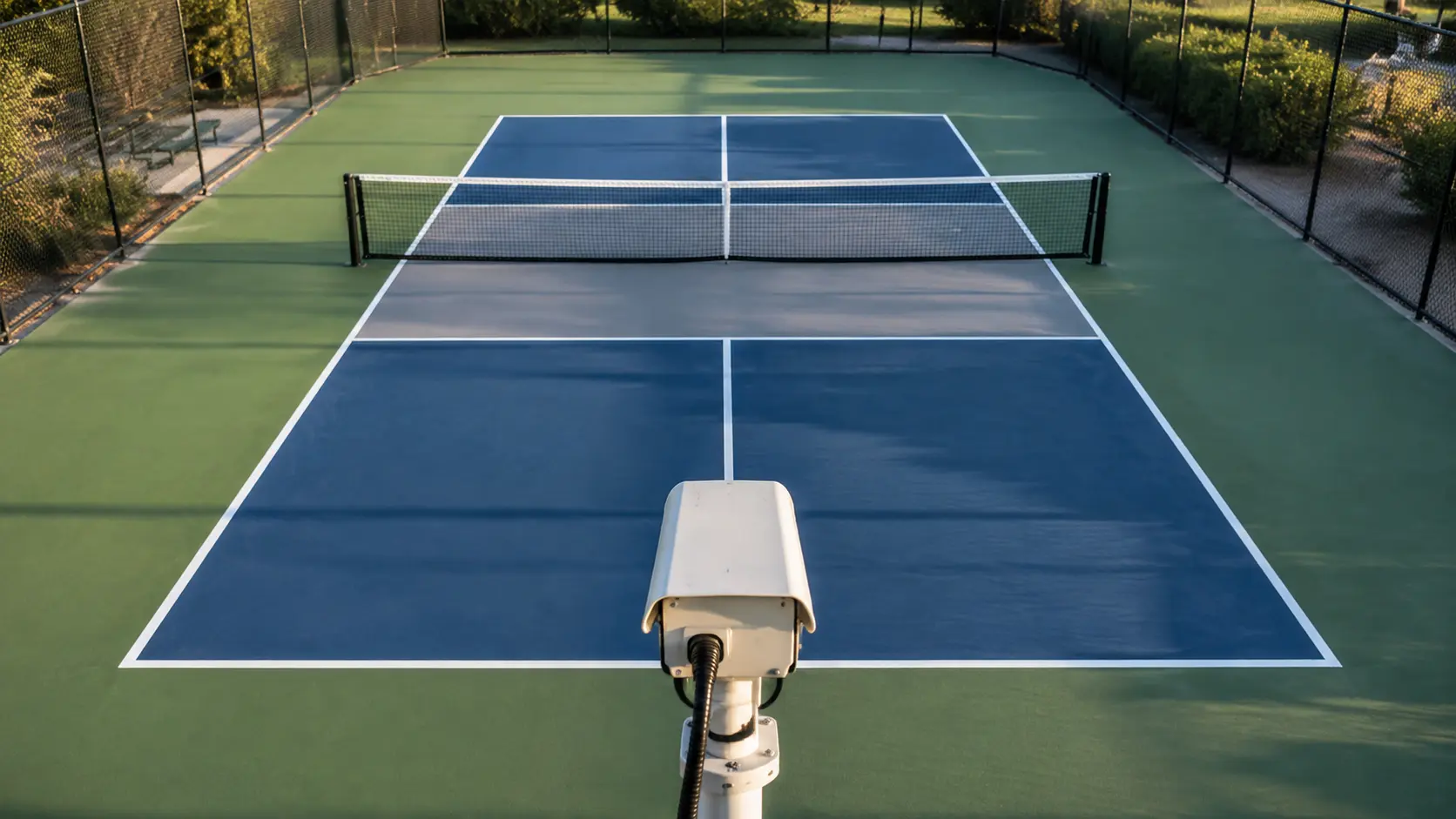 Câmera fixa elevada atrás da linha de fundo de uma quadra vazia de pickleball, com as duas zonas de não voleio e as linhas de fundo visíveis