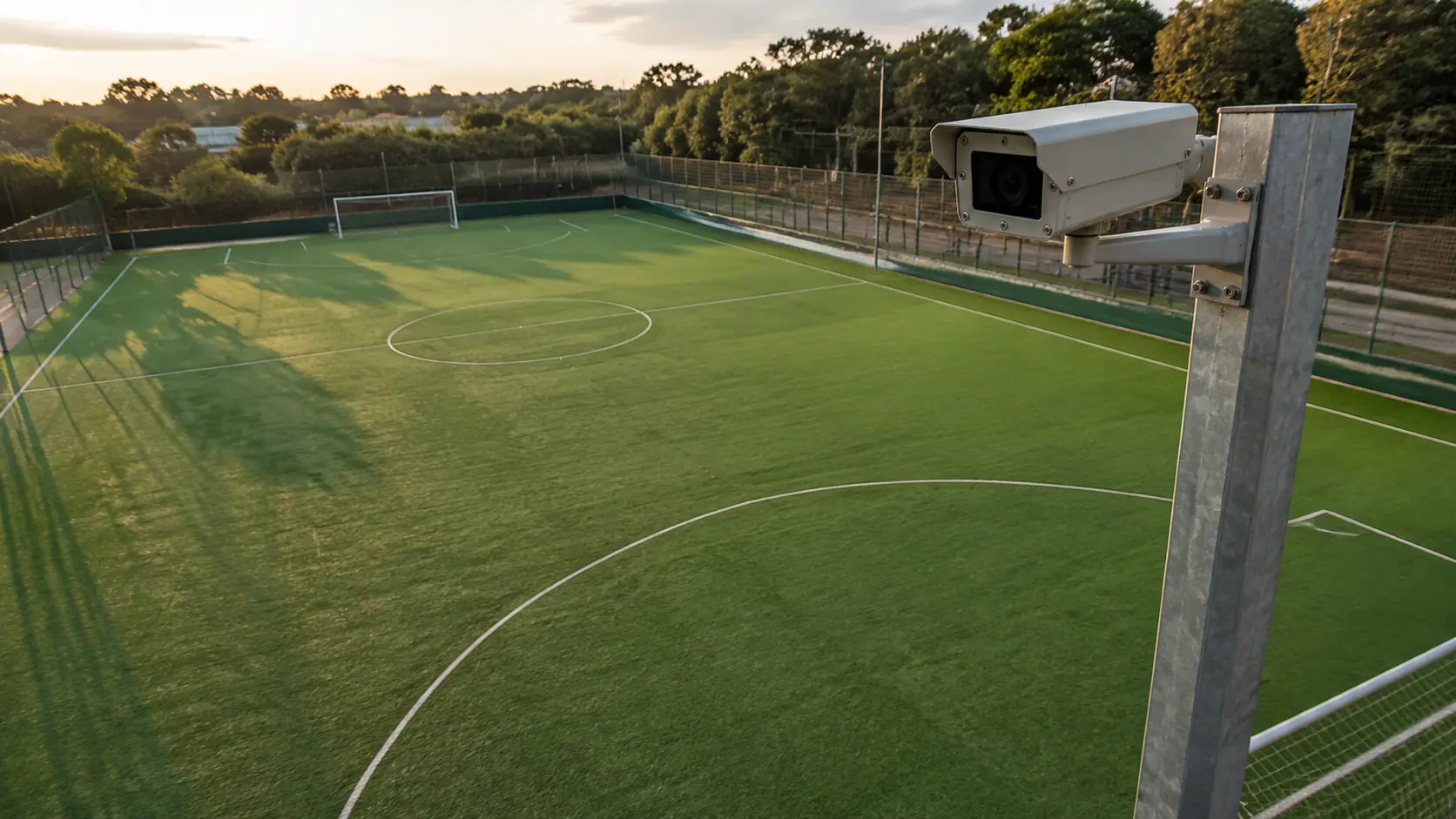 Cámara fija genérica instalada en lo alto de un poste metálico y orientada hacia una cancha vacía de fútbol 5 con césped artificial al atardecer
