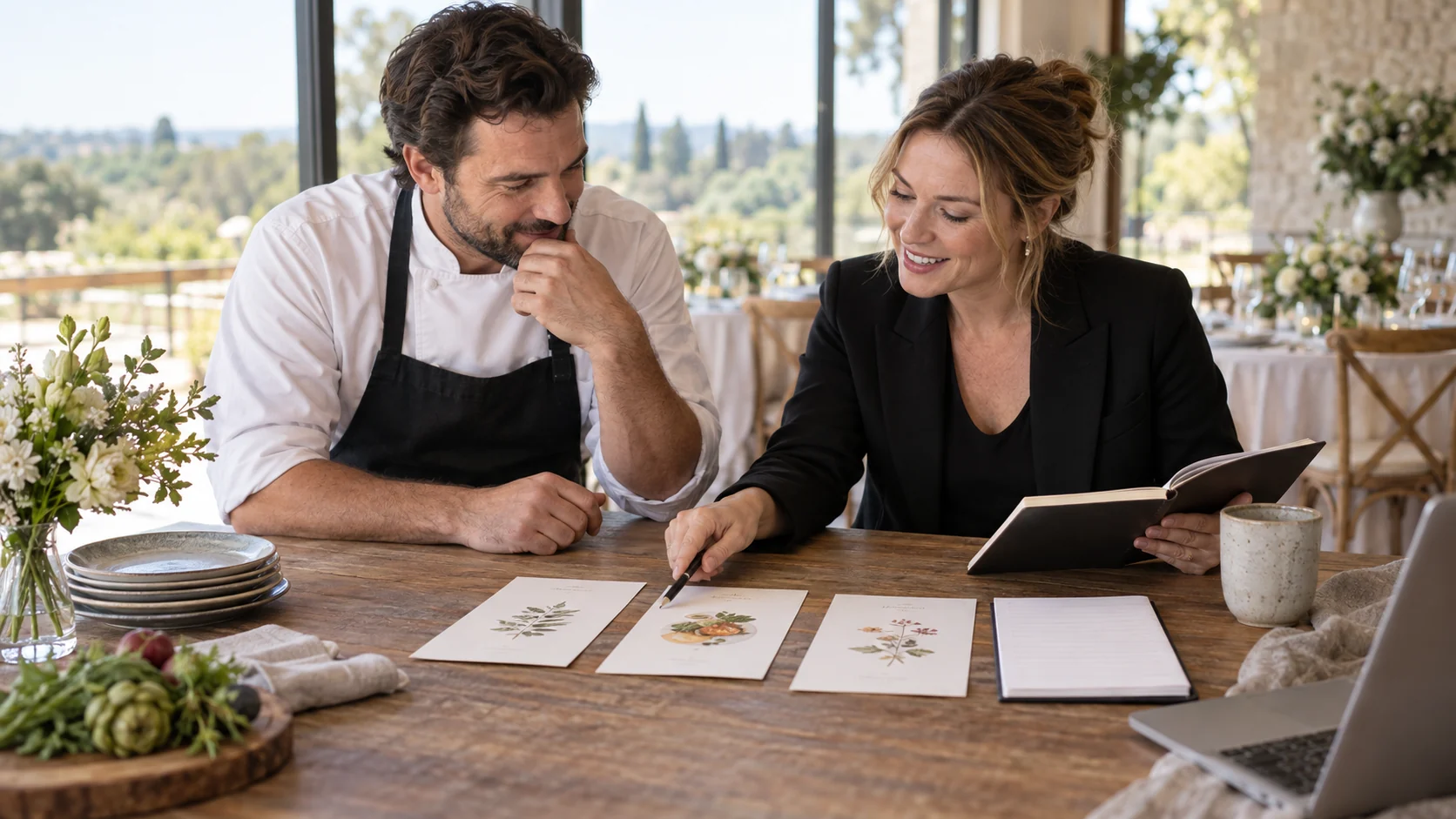 Chef y organizadora de eventos revisando tarjetas de menú y cuaderno