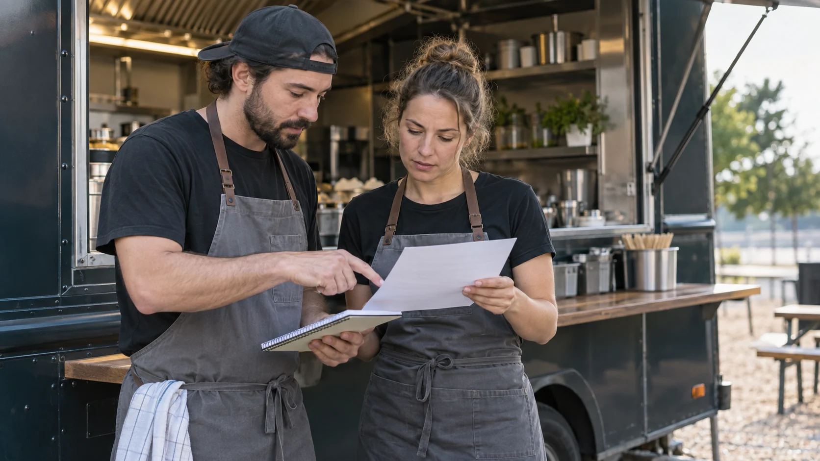 Two food-truck workers reviewing blank paper beside the vehicle