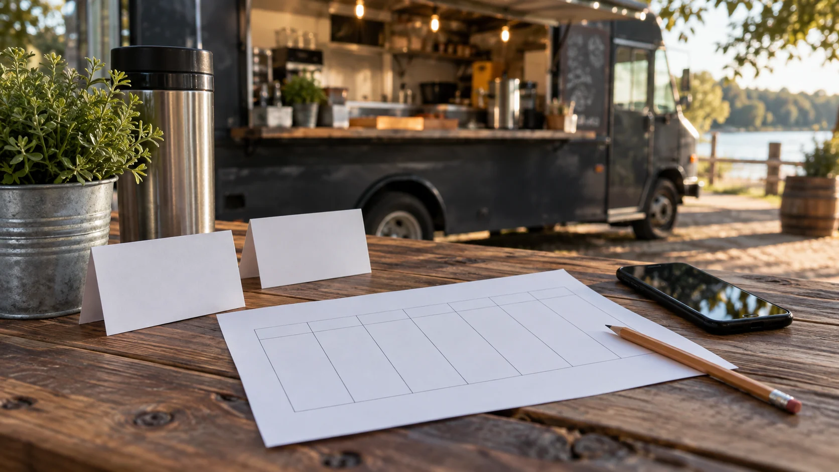 Two blank cards and a grid sheet beside a dark-screen phone