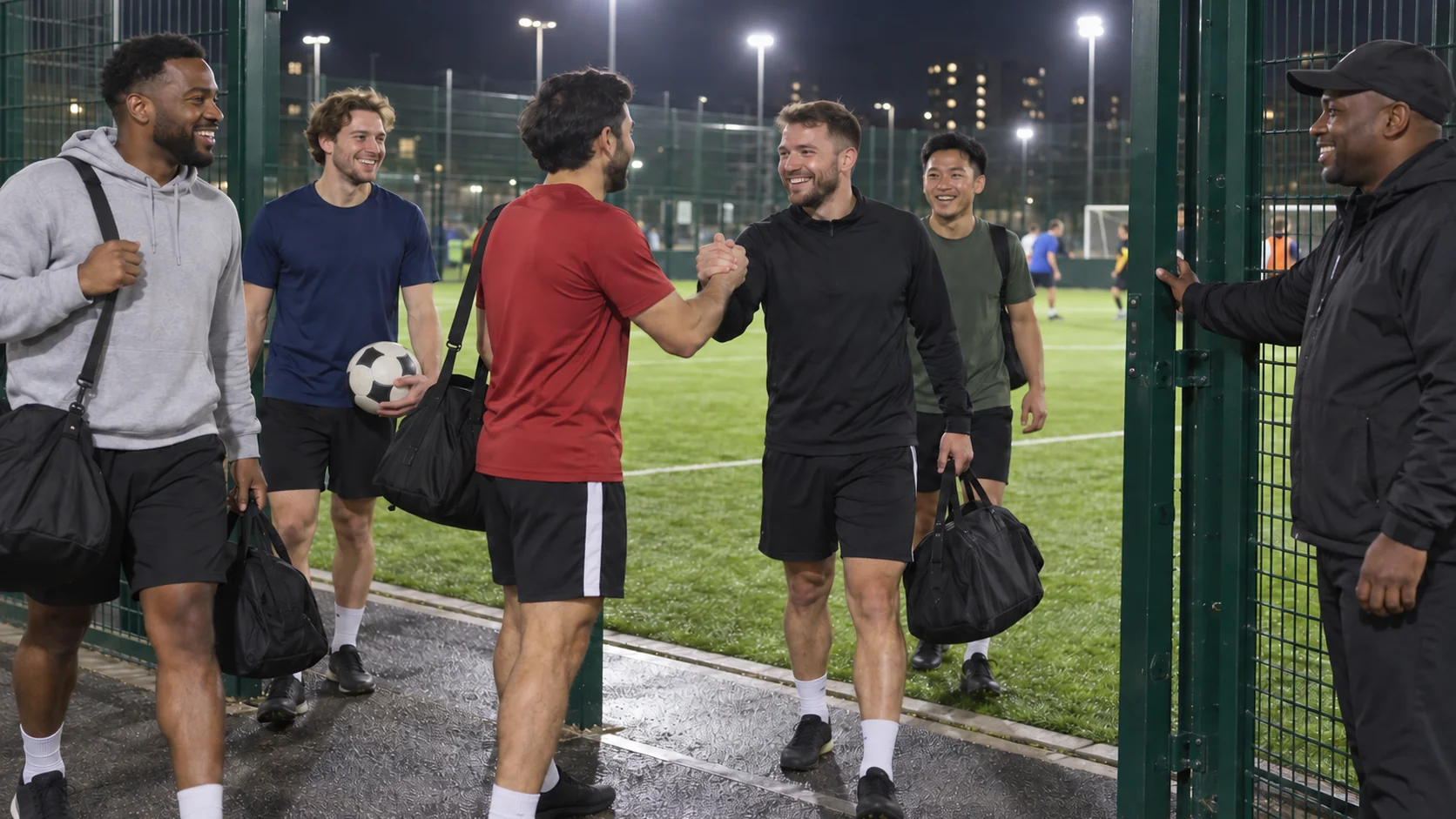 Grupo de jugadores amateur de fútbol llegando de noche a una cancha de fútbol 5 iluminada, saludándose entre ellos y a un empleado en el portón, con los rostros visibles y relajados