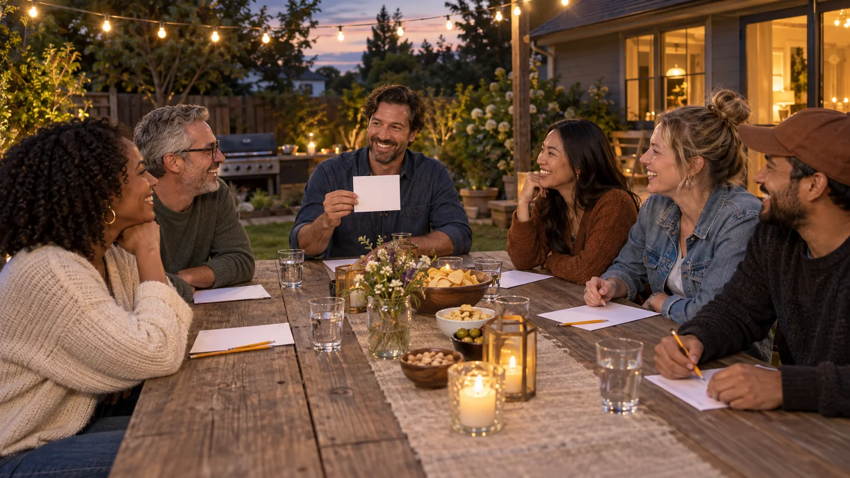 Adults reacting around a backyard table while one person holds a question card